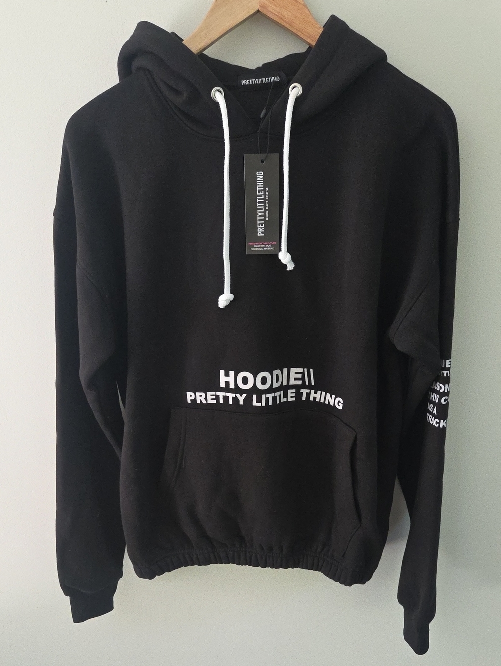 NWT PrettyLittleThing Black Hoodie w/ White Drawcords and Front 'HOODIE II' Logo